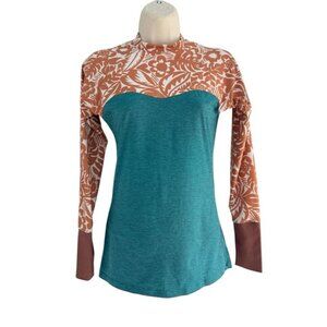 Seea Woman's Sz M Hermosa Tan Floral & Teal Blue Surfing Swim Shirt 30 - 50+ UPF